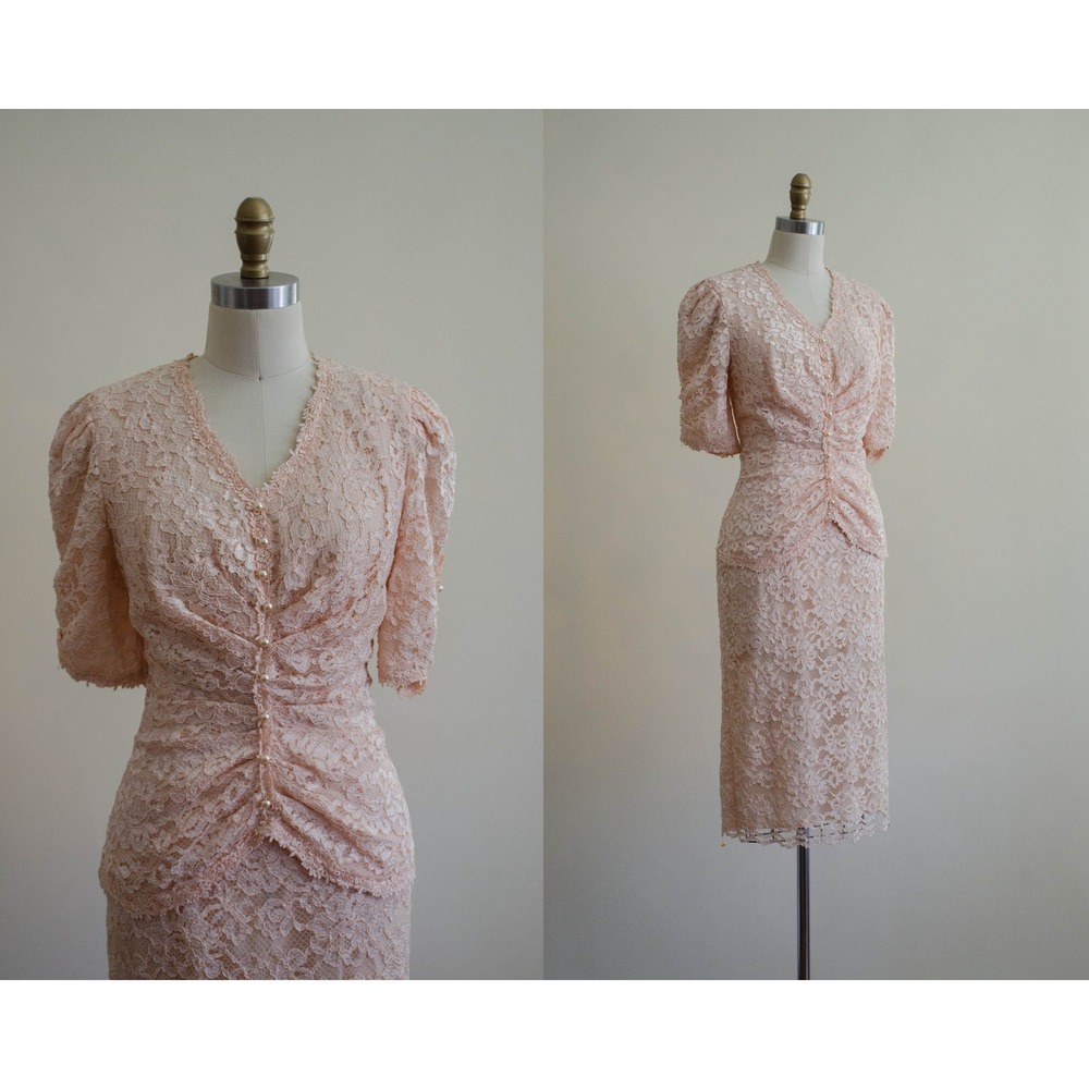 Vintage Lace Dress 90s 40s Style Romantic Midi M Peach Floral Pearl Ruched Dress